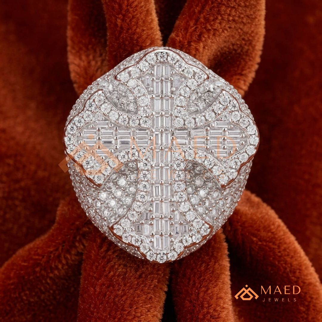 Heavy Iced-Out Baguette Cross Statement Ring – 925 Silver, 14K Gold & Rose Gold
