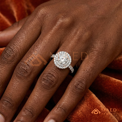 Double Halo Round Brilliant Engagement Ring with Pavé Band – Sterling Silver, 14K Gold, or 14K Rose Gold