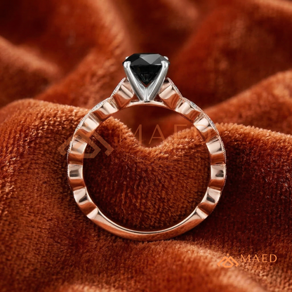 Art Deco Black Stone Ring with Milgrain Marquise Band – Silver, 14K Yellow & Rose Gold