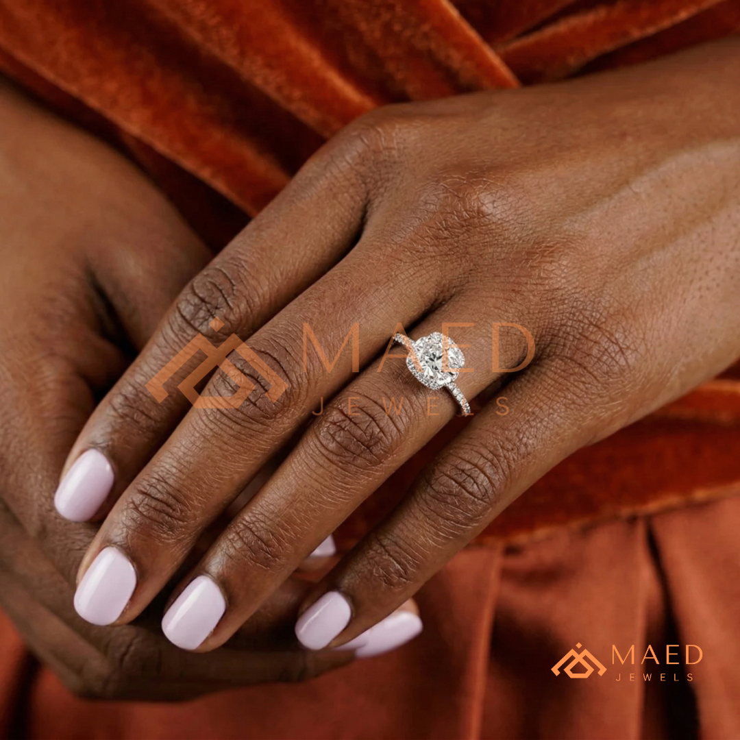 East-West Oval Cut Partial Halo Engagement Ring | 14k Gold, Rose Gold & Sterling Silver Shimmering Accented Band
