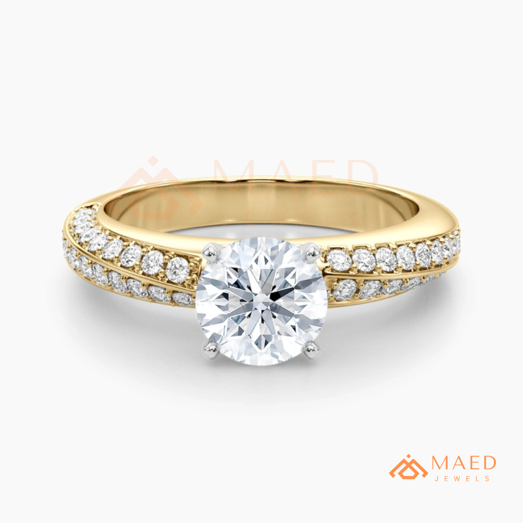 Round Brilliant Cut Ring with Double Row Pavé Band | 14k Gold, Rose Gold & Silver