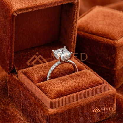 Classic Princess Cut Solitaire Engagement Ring with Hidden Halo and Pave Band in Silver, 14K Gold & Rose Gold
