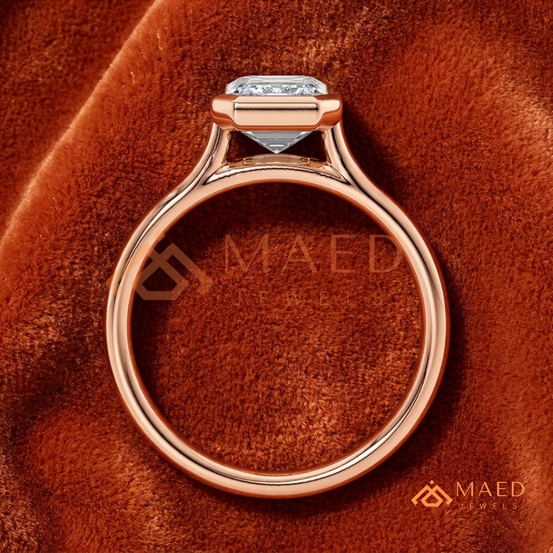 Modern Emerald Cut Solitaire Bezel Engagement Ring in Silver, 14K Gold & Rose Gold