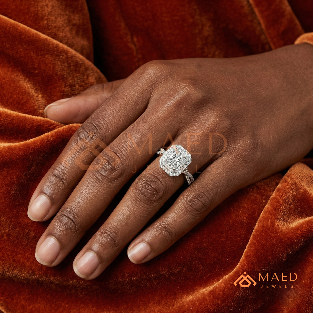 Radiant Cut Double Halo Engagement Ring with Twisted Band | 14k White Gold 14k Rose Gold,14K GOLD