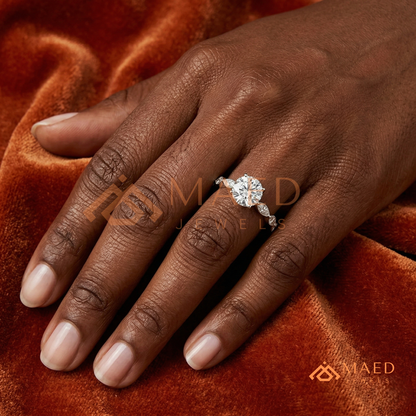 Round Cut Engagement Ring with Marquise Accent Cluster Band in 14K Gold, Rose Gold & Silver