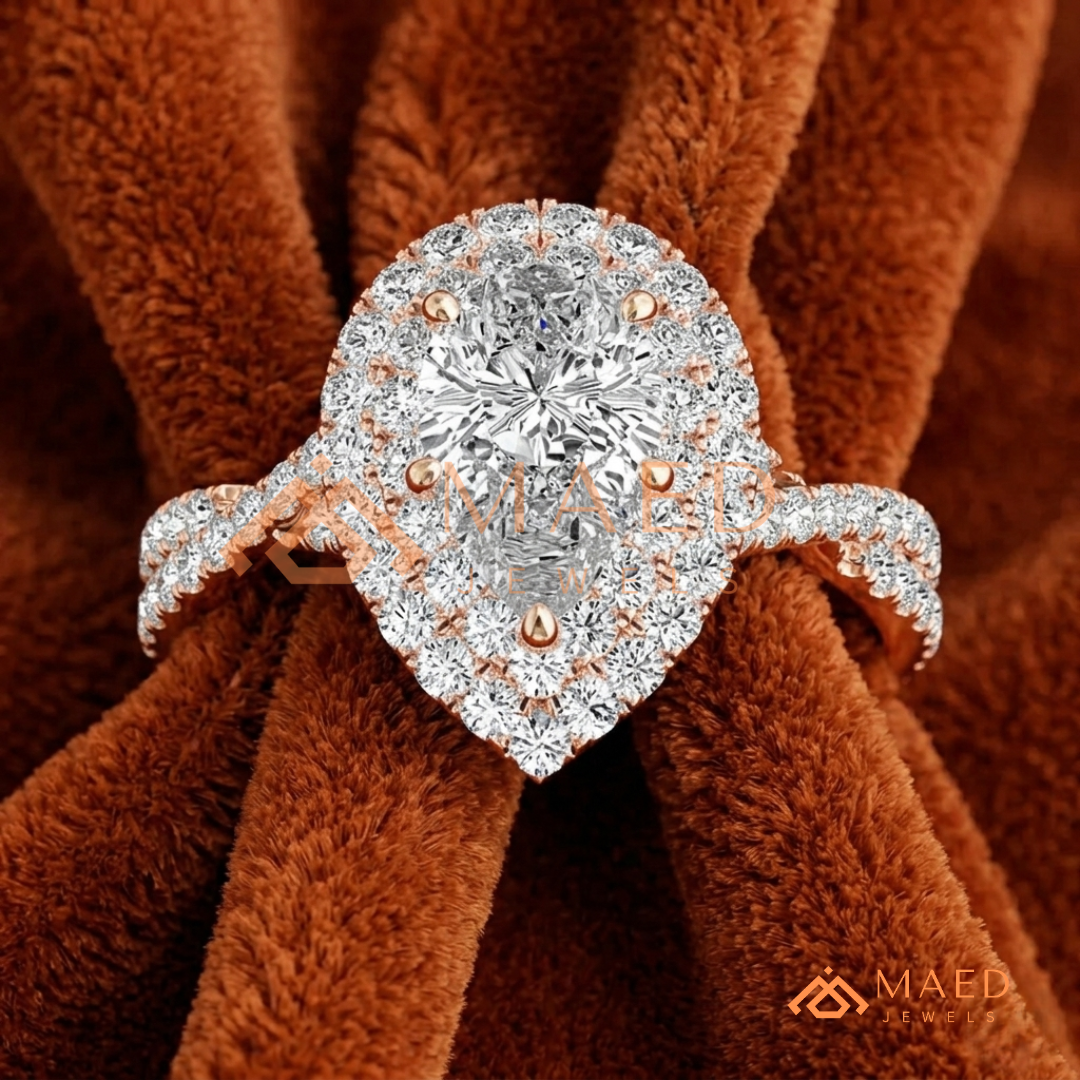 Pear Cut Halo Engagement Ring with Twisted Pavé Band – Sterling Silver, 14K Gold, or 14K Rose Gold