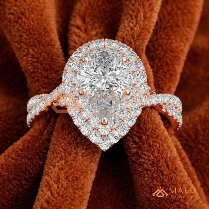 Pear Cut Halo Engagement Ring with Twisted Pavé Band – Sterling Silver, 14K Gold, or 14K Rose Gold