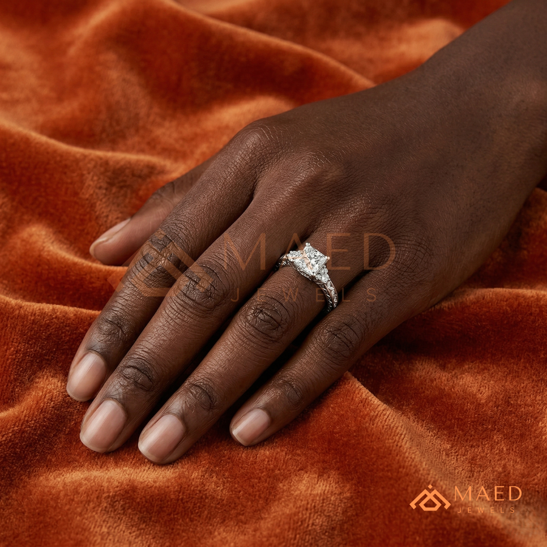 Vintage Princess Cut Three-Stone Engraved Ring | 14K Gold, Rose Gold & Silver