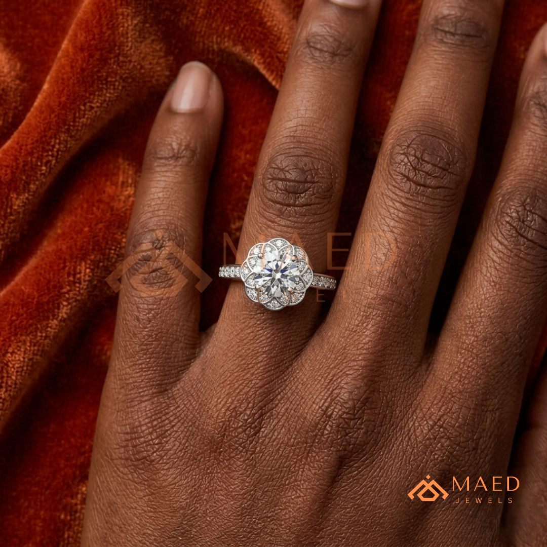 Round Cut Flower Halo Engagement Ring with Pave Band