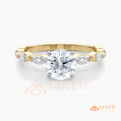 Round Cut Engagement Ring with Marquise Accent Cluster Band in 14K Gold, Rose Gold & Silver