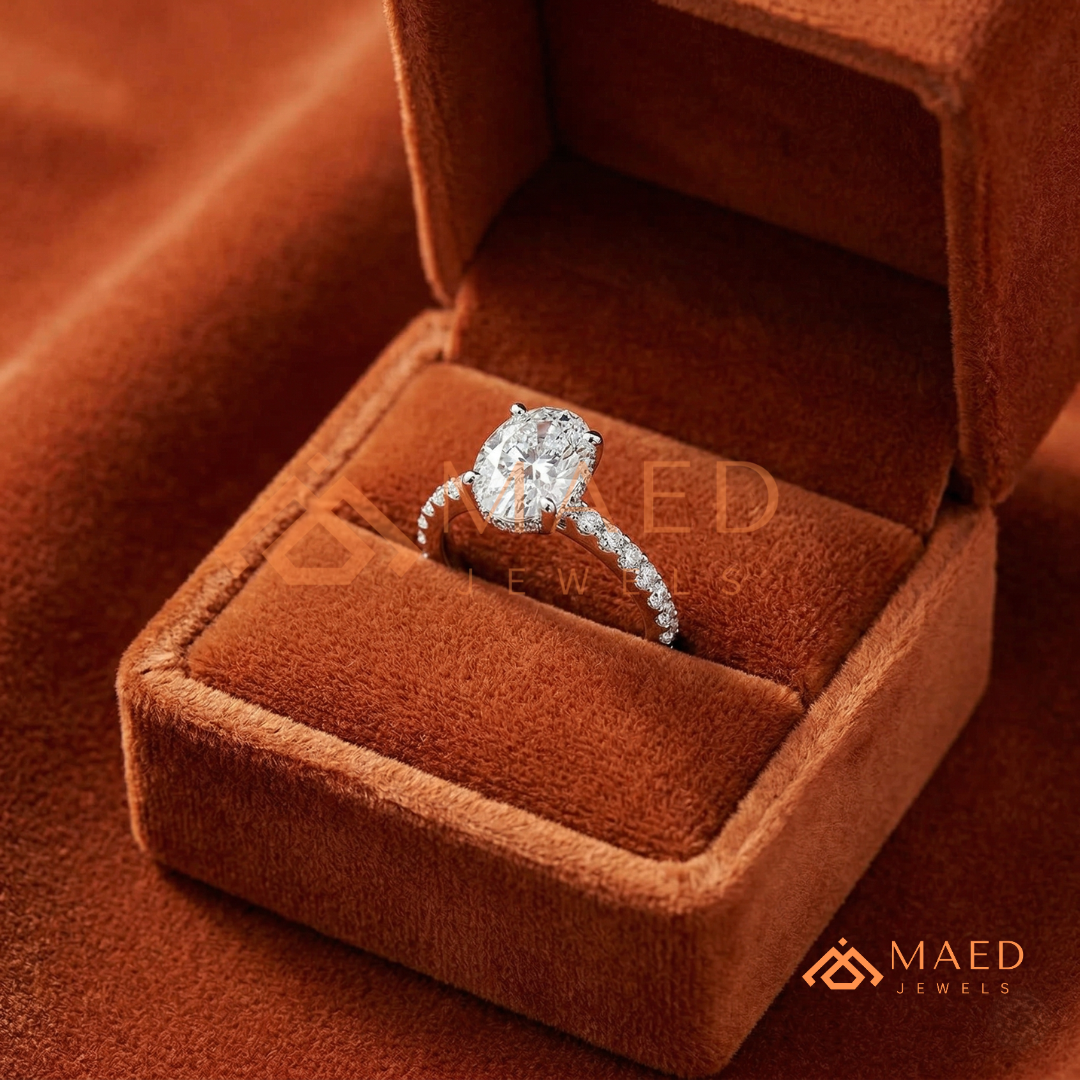 Oval Cut Engagement Ring with Pavé Band | Classic 4-Prong Promise Ring for Women | 14K Gold, Rose Gold & Sterling Silver