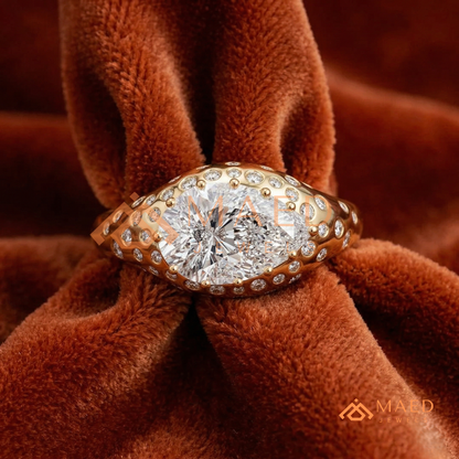East-West Pear Cut Engagement Ring | Flush Setting Pave Dome Band in 14K Gold, Rose Gold & Silver