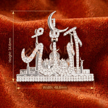 Islamic Allah Calligraphy Mosque Pendant Necklace in Sterling Silver & 14K Gold