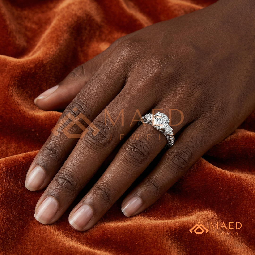 Vintage 3-Stone Round Engagement Ring in 14K Gold, Rose Gold & Silver | Antique Milgrain Pave Moissanite Ring for Women