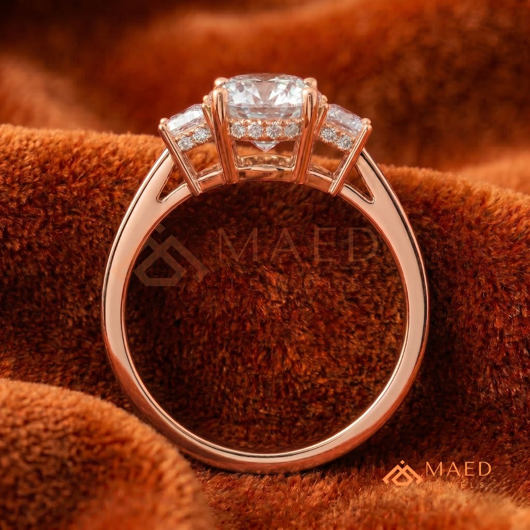 Classic Oval Cut 3-Stone Engagement Ring with Trapezoid Side Gems