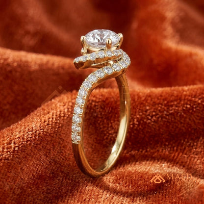 Moissanite Bypass Halo Engagement Ring in 14K Gold, Rose Gold & Sterling Silver | Twisted Pave Diamond Accent Ring for Women