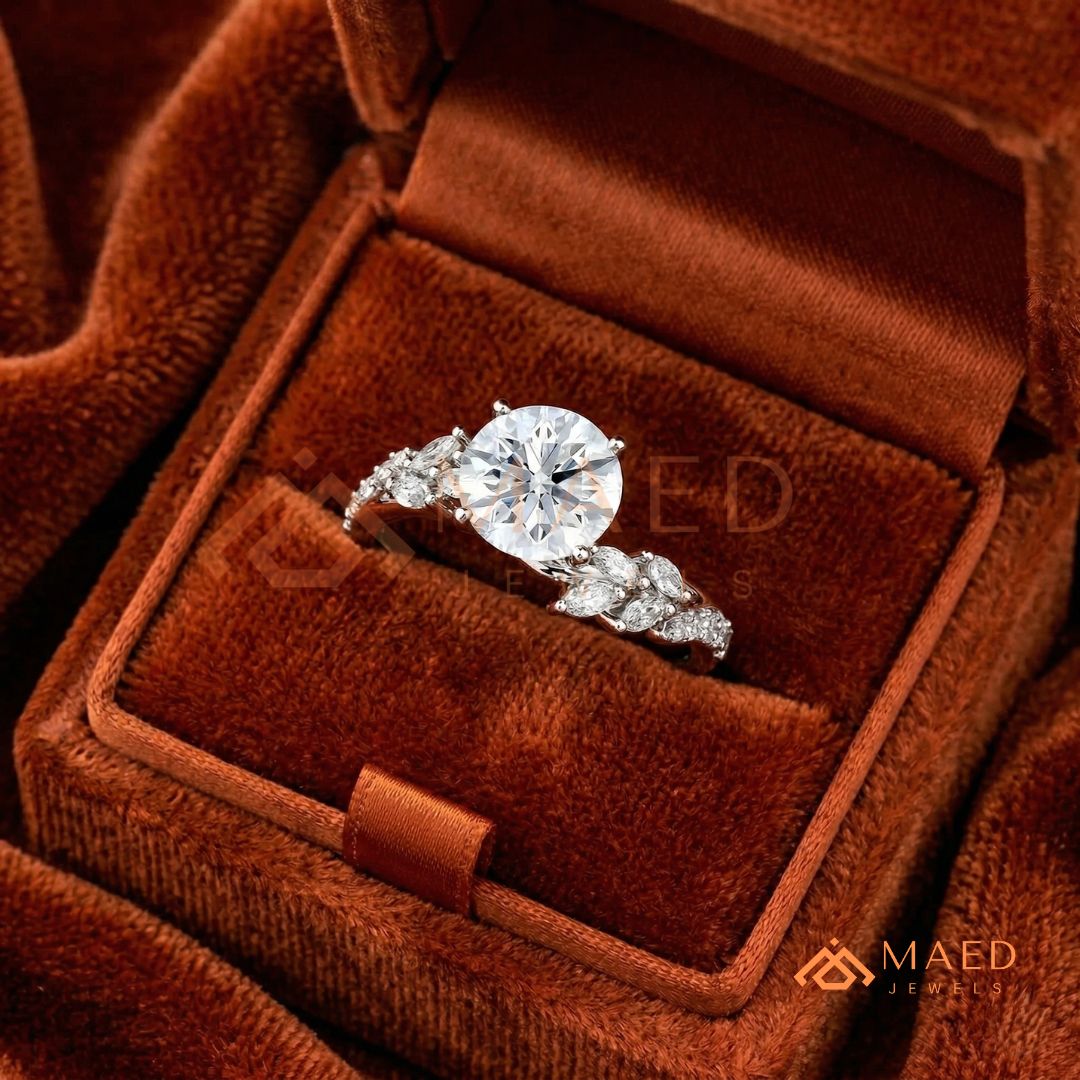 Round Cut Moissanite Nature Inspired Engagement Ring in 925 Sterling Silver, 14K Gold & 14K Rose Gold | Marquise Leaf Cluster Twisting Wedding Ring