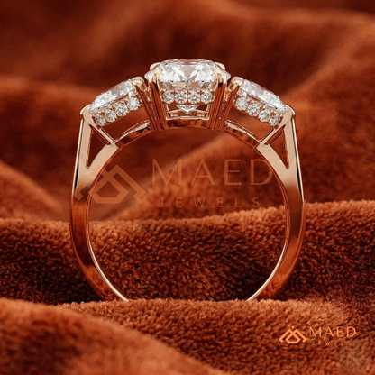 Classic Oval Cut Three-Stone Engagement Ring with Pear Side Stones in Silver, 14K Gold & Rose Gold