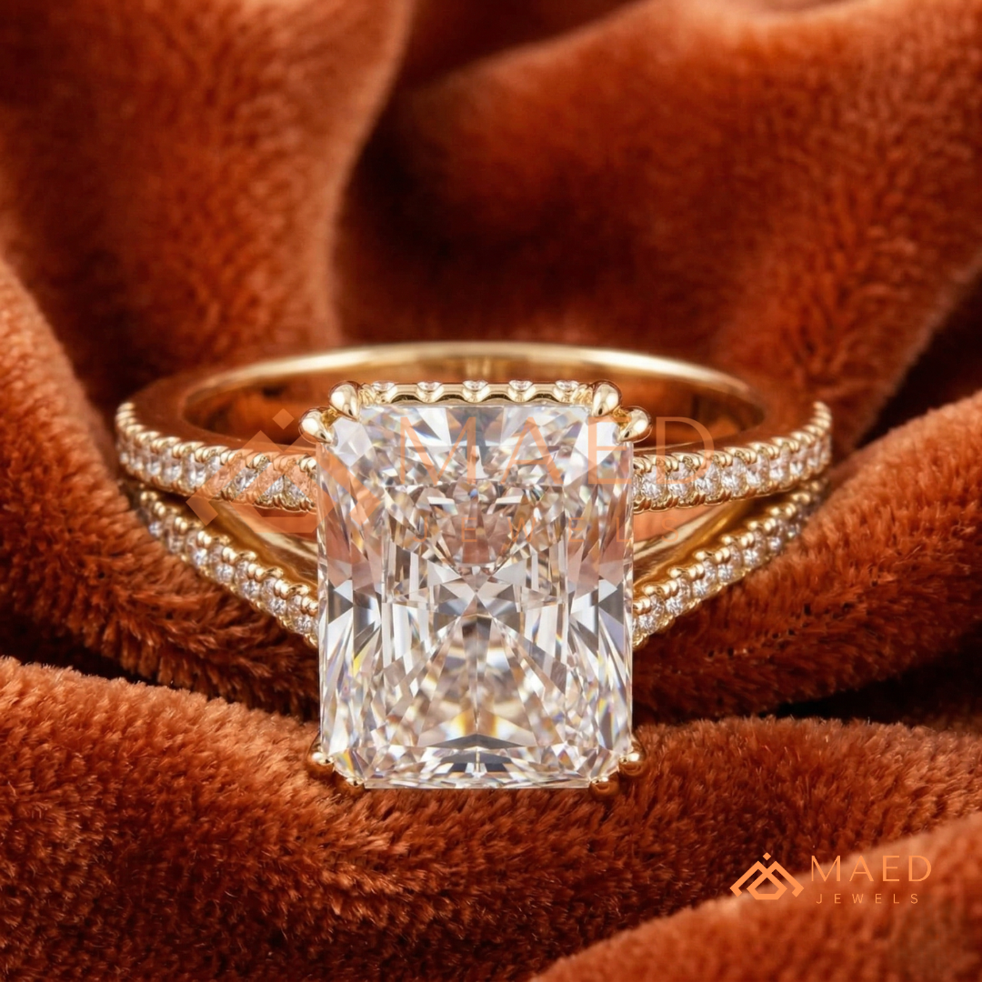 Radiant Cut Engagement Ring with Split Shank Pavé Band in Silver, 14K Gold, & 14K Rose Gold