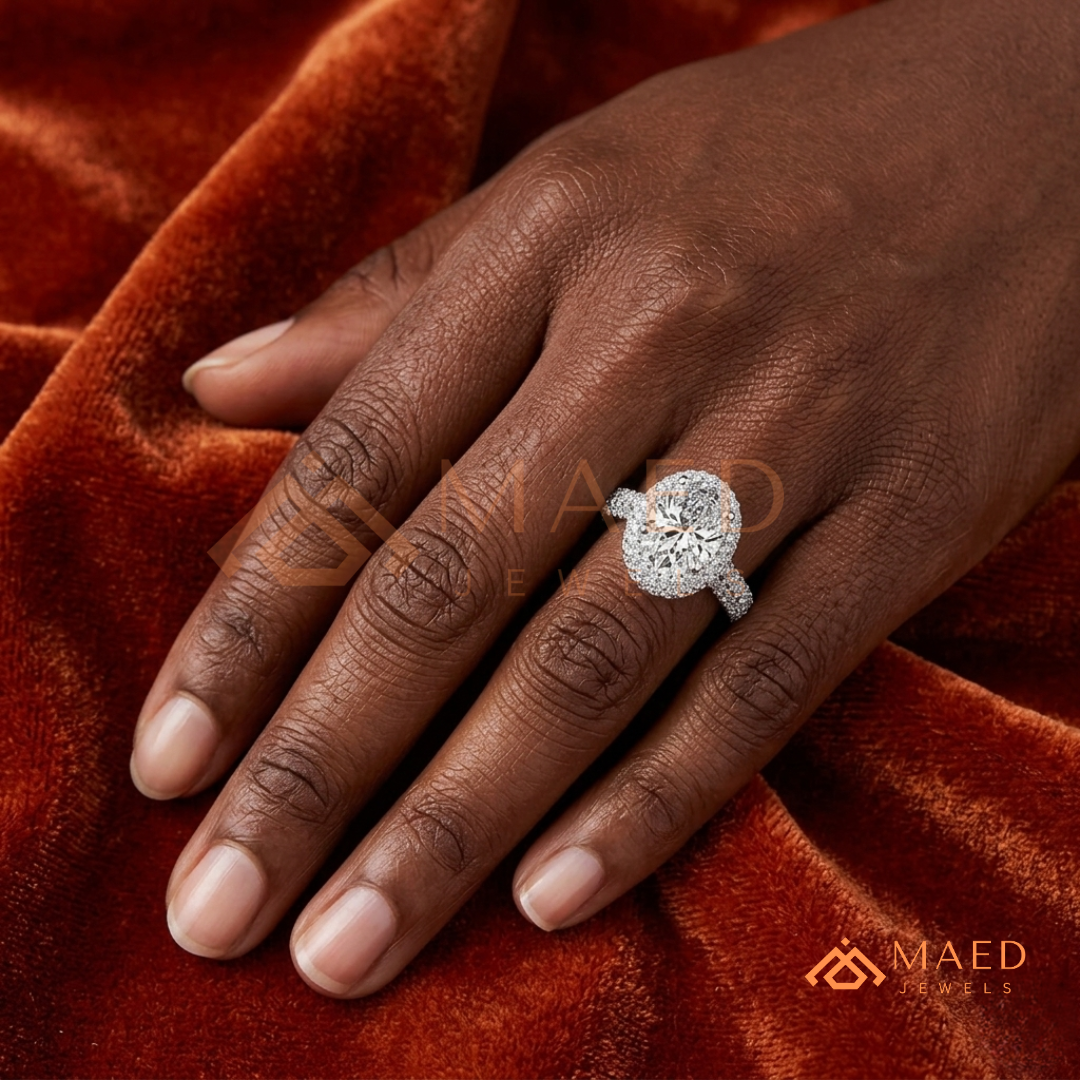 Radiant Oval Double Halo Engagement Ring with Multi-Row Pavé Band