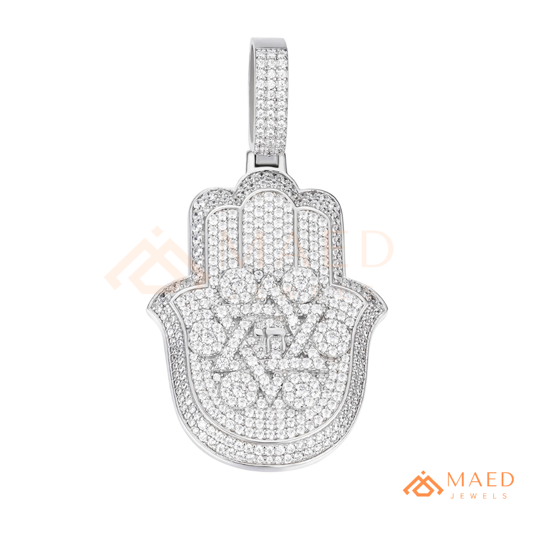 Iced Out Hamsa & Star of David Pendant with Chai Symbol - Sterling Silver, 14K Gold & Rose Gold