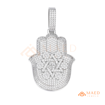 Iced Out Hamsa & Star of David Pendant with Chai Symbol - Sterling Silver, 14K Gold & Rose Gold