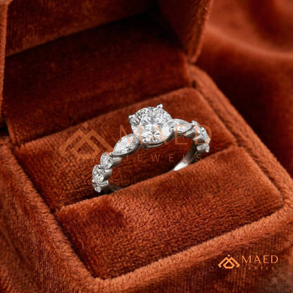 Round Cut Engagement Ring with Marquise Accents in Sterling Silver, 14K Gold & 14K Rose Gold