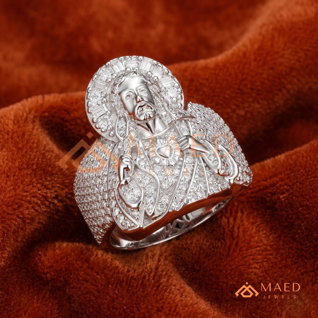 Men's Heavy Pave Crystal Jesus Portrait Ring in 925 Sterling Silver & 14K Gold Finish