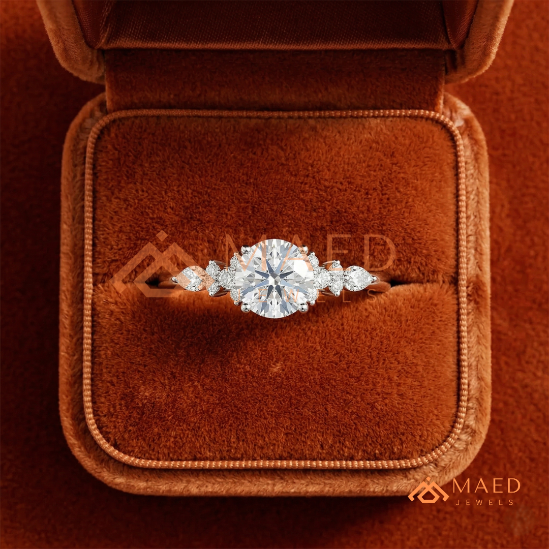 Round Cut Cluster Engagement Ring in 14K Gold, Rose Gold & Silver | Vintage Pear Accent Moissanite Ring for Women