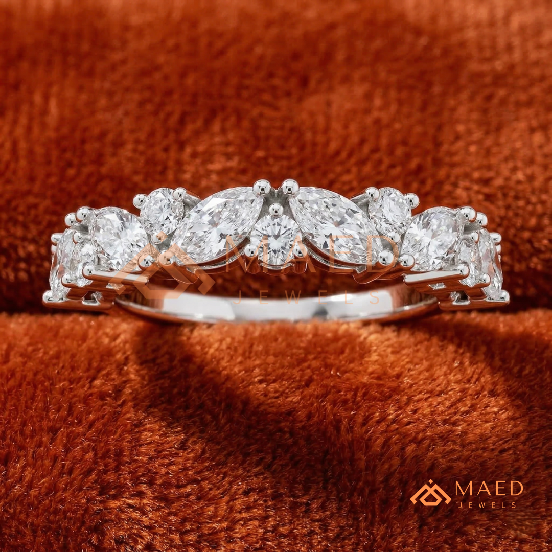 Marquise Diamond Cluster Stackable Anniversary Band – Silver, Yellow & Rose Gold