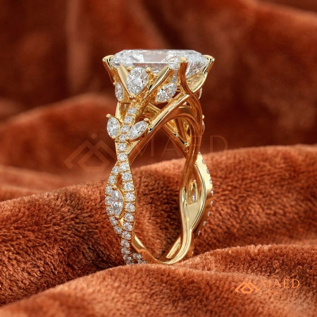 Radiant Cut Engagement Ring with Marquise Cluster Band in Silver, 14K Gold, & 14K Rose Gold
