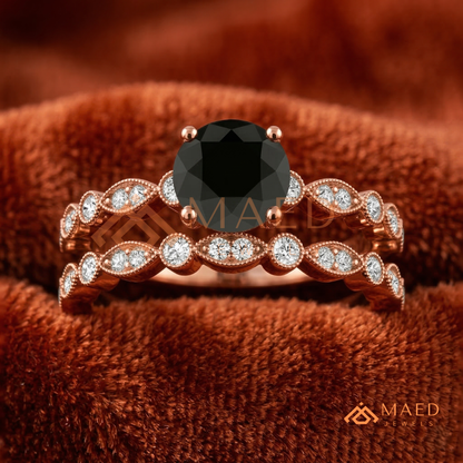 Maeve Round Cut Black Diamond Vintage Style Wedding Ring Set – Silver, 14K Yellow & Rose Gold