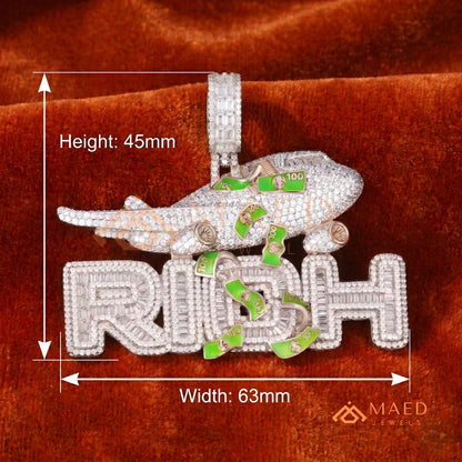 "RICH" Jet & Money Statement Pendant – Iced Out Luxury Medallion