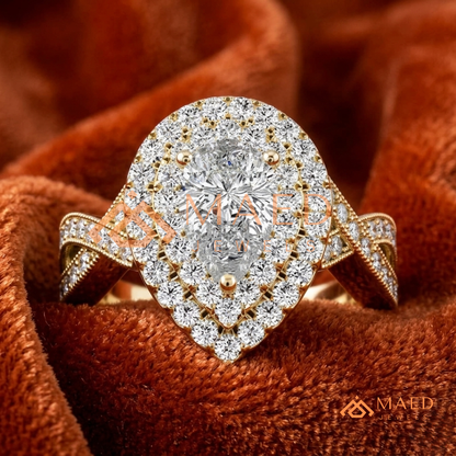 Double Halo Pear Cut Engagement Ring with Twisted Pave Band