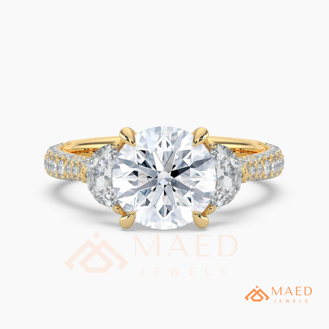 Round Brilliant and Half Moon Three Stone Ring | Multi-Row Pavé Band in 14k Gold & Silver