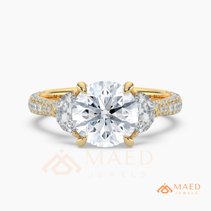 Round Brilliant and Half Moon Three Stone Ring | Multi-Row Pavé Band in 14k Gold & Silver