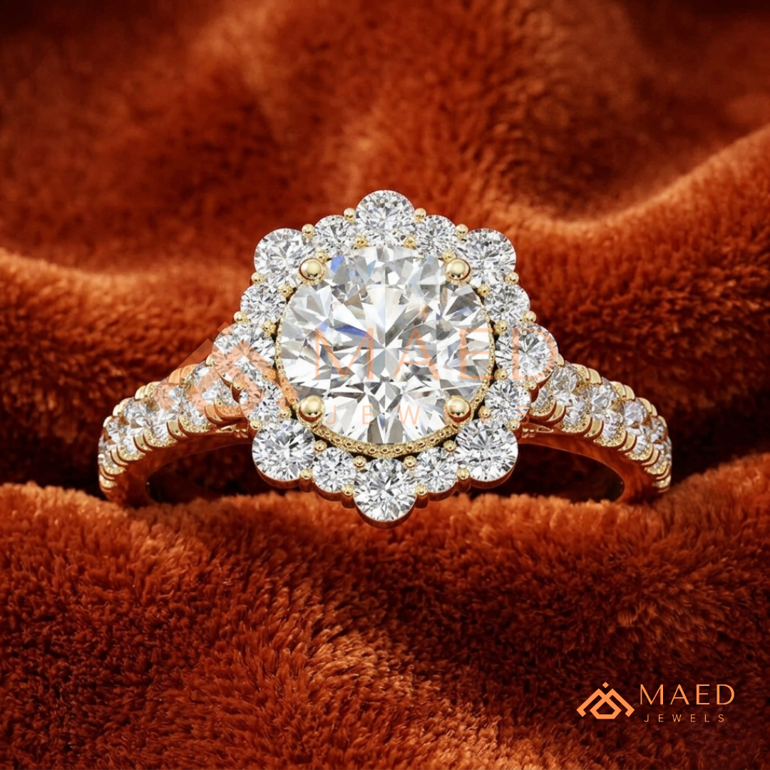 Round-Cut Halo Engagement Ring with Marquise-Accented Side Stones