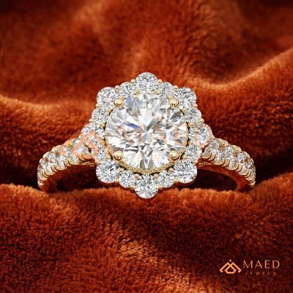Round-Cut Halo Engagement Ring with Marquise-Accented Side Stones