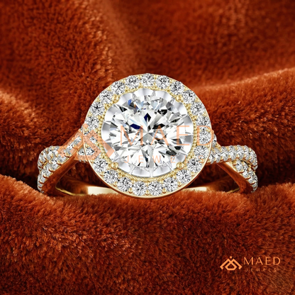 Round Halo Engagement Ring with Twisted Pavé Band – Sterling Silver, 14K Gold, or 14K Rose Gold