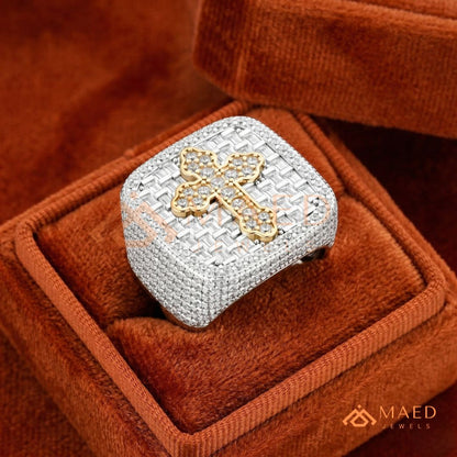 Heavy Square Iced Baguette Cross Ring – 925 Silver, 14K Gold & Rose Gold