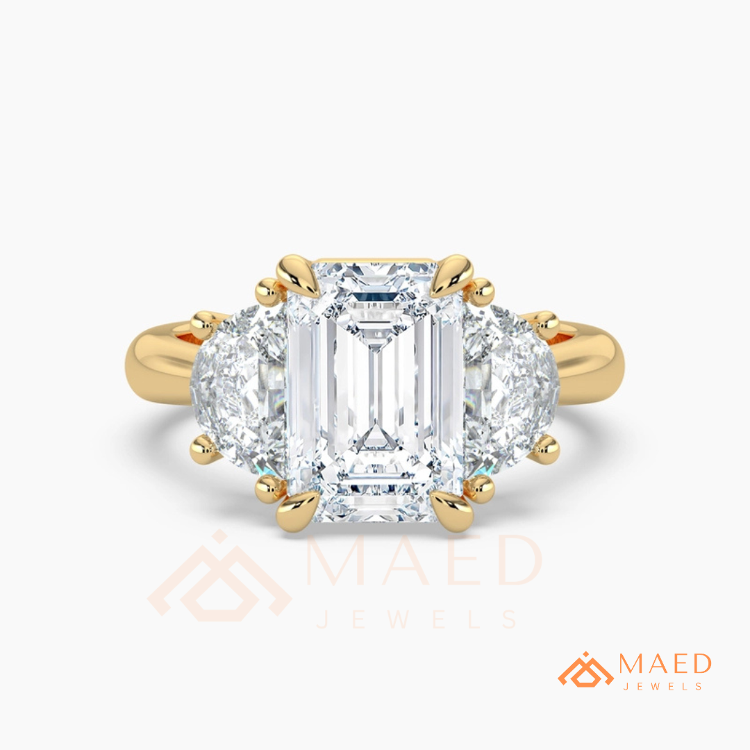 Emerald Cut Three Stone Engagement Ring | Half Moon Side Stones in 14K Gold & Silver