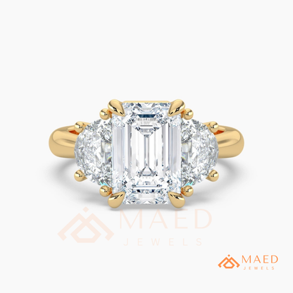 Emerald Cut Three Stone Engagement Ring | Half Moon Side Stones in 14K Gold & Silver