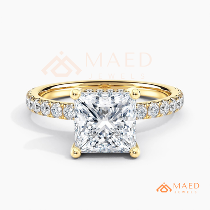 Classic Princess Cut Solitaire Engagement Ring with Hidden Halo and Pave Band in Silver, 14K Gold & Rose Gold