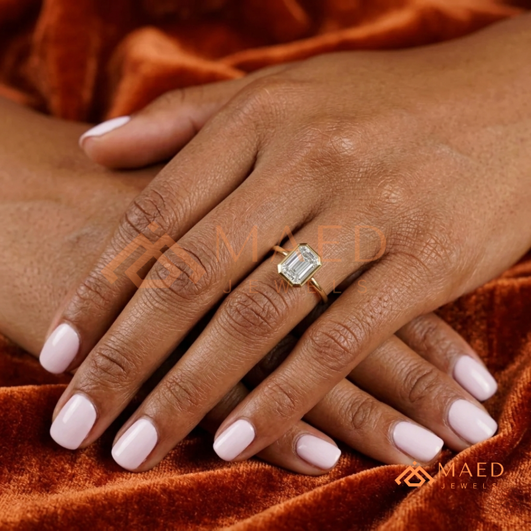 Modern Emerald Cut Solitaire Bezel Engagement Ring in Silver, 14K Gold & Rose Gold