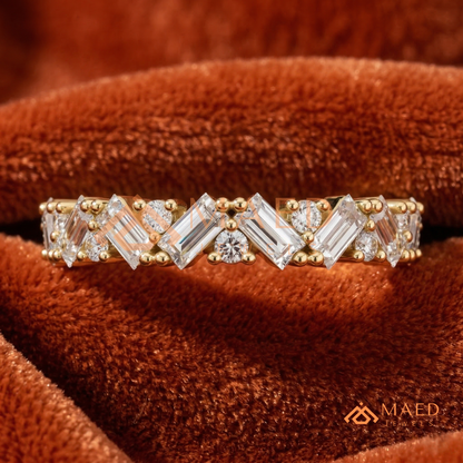 Angled Baguette & Round Cut Chevron Wedding Band | Crown Moissanite Tiara Ring in Silver, 14K Gold, & Rose Gold
