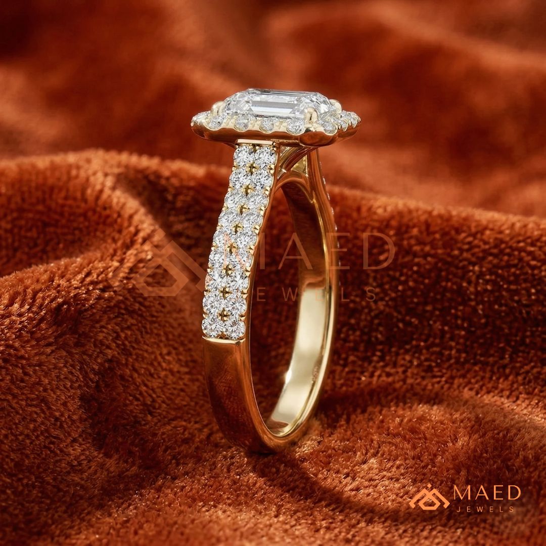 Radiant Cut Halo Engagement Ring with Pavé Band – Sterling Silver, 14K Gold, or 14K Rose Gold