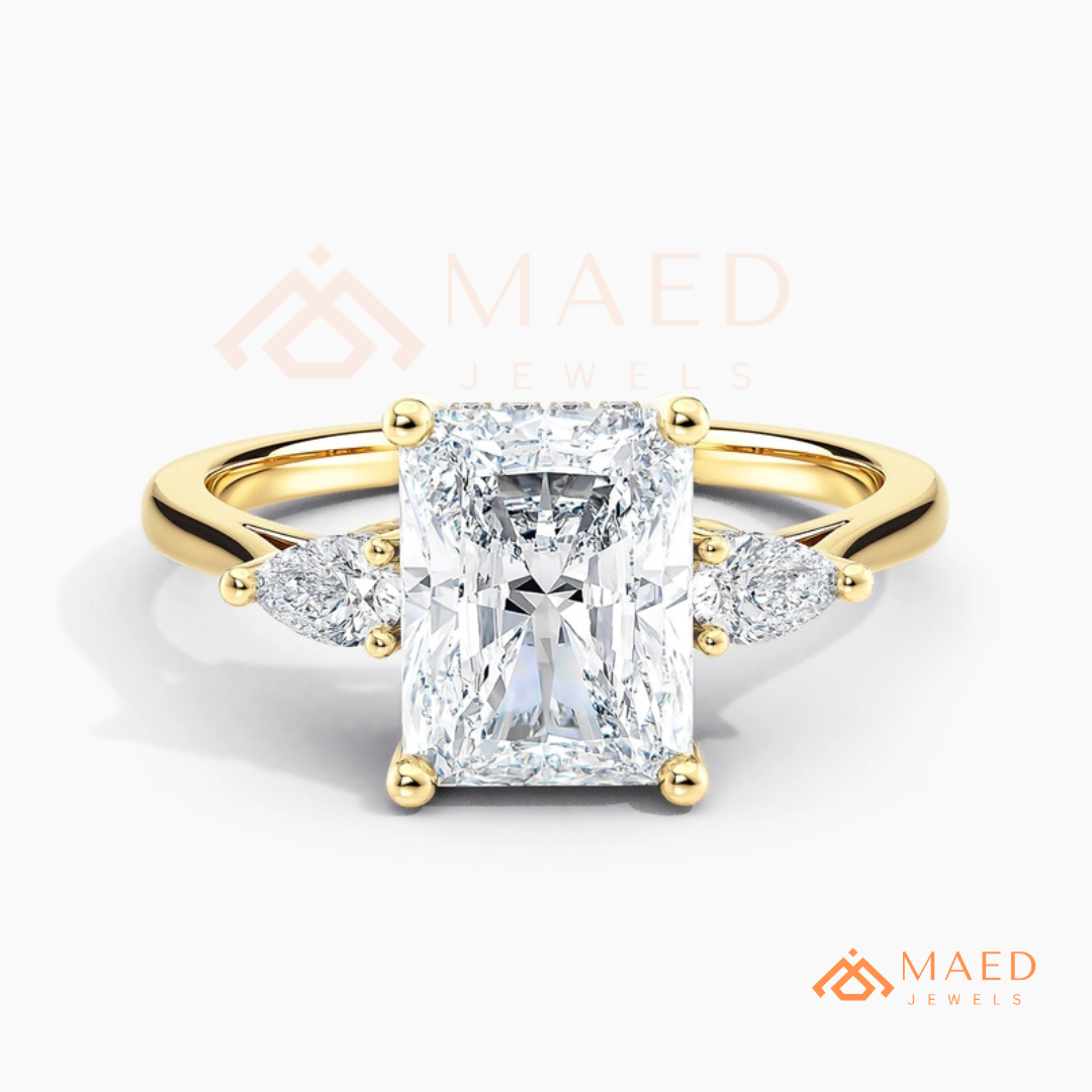 Radiant Cut Engagement Ring with Pear Side Stones | 14k Gold, Rose Gold & Silver
