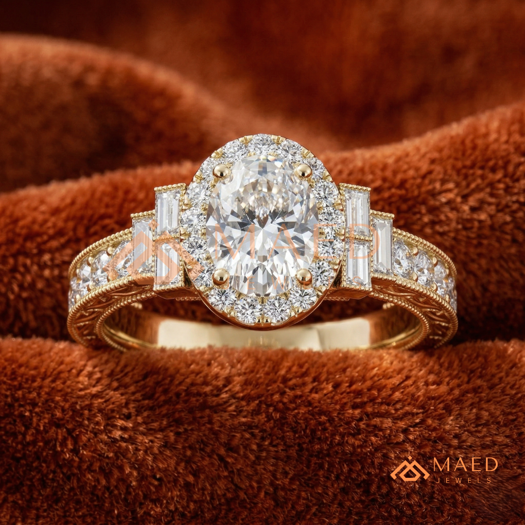 Heirloom Oval Halo [Gemstone Type] Ring with Filigree Band in 14K Gold, Rose Gold & Silver