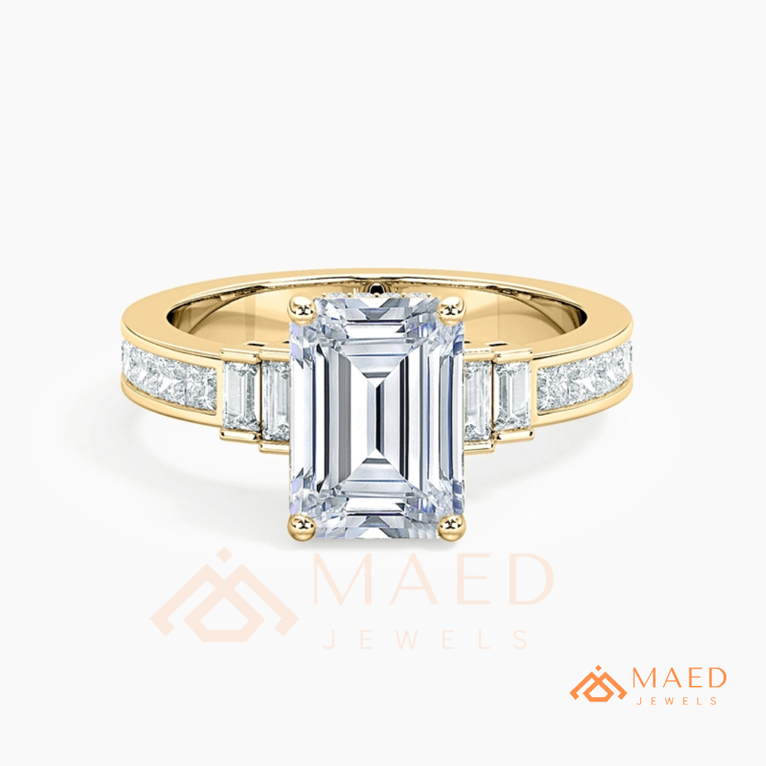 Emerald Cut Three-Stone Ring with Baguette and Channel Princess Band in Silver, 14K Gold, & 14K Rose Gold