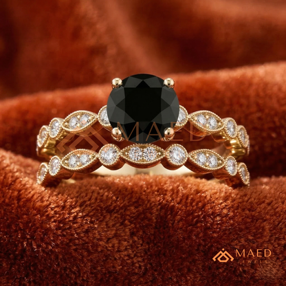 Maeve Round Cut Black Diamond Vintage Style Wedding Ring Set – Silver, 14K Yellow & Rose Gold